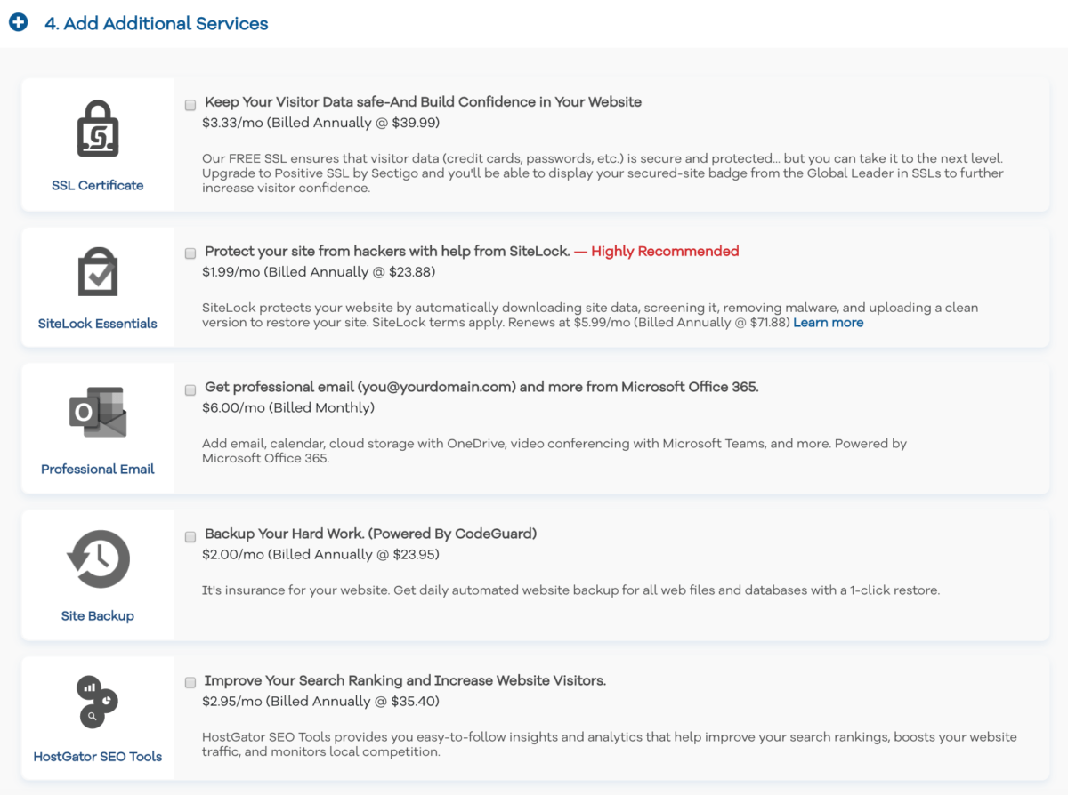 Purchasing affordable hosting for you blog - uncheck all additional services to save money