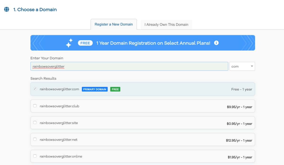 Purchasing Hosting for your website - pick your free domain
