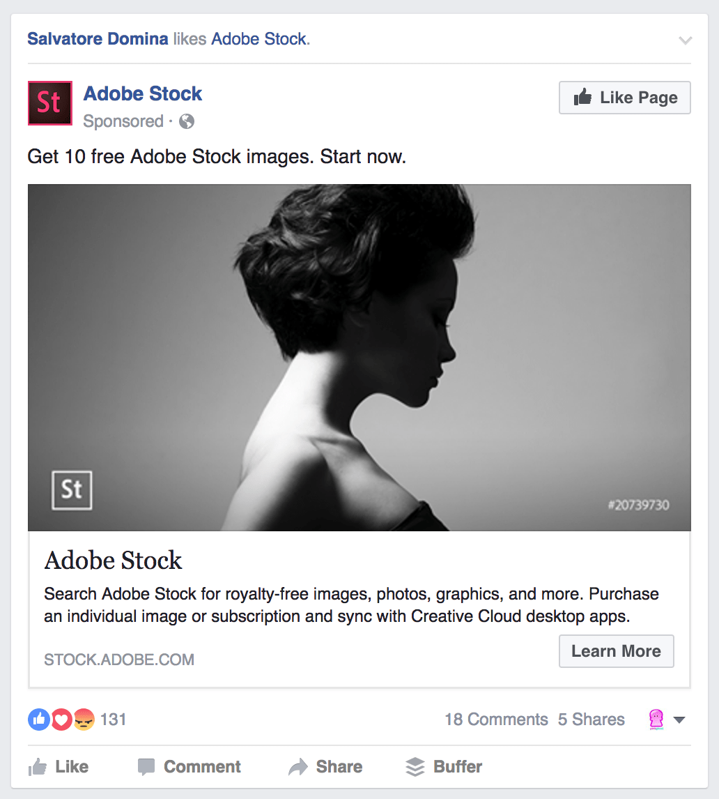 Facebook Ads Adobe Stock Like Page Example