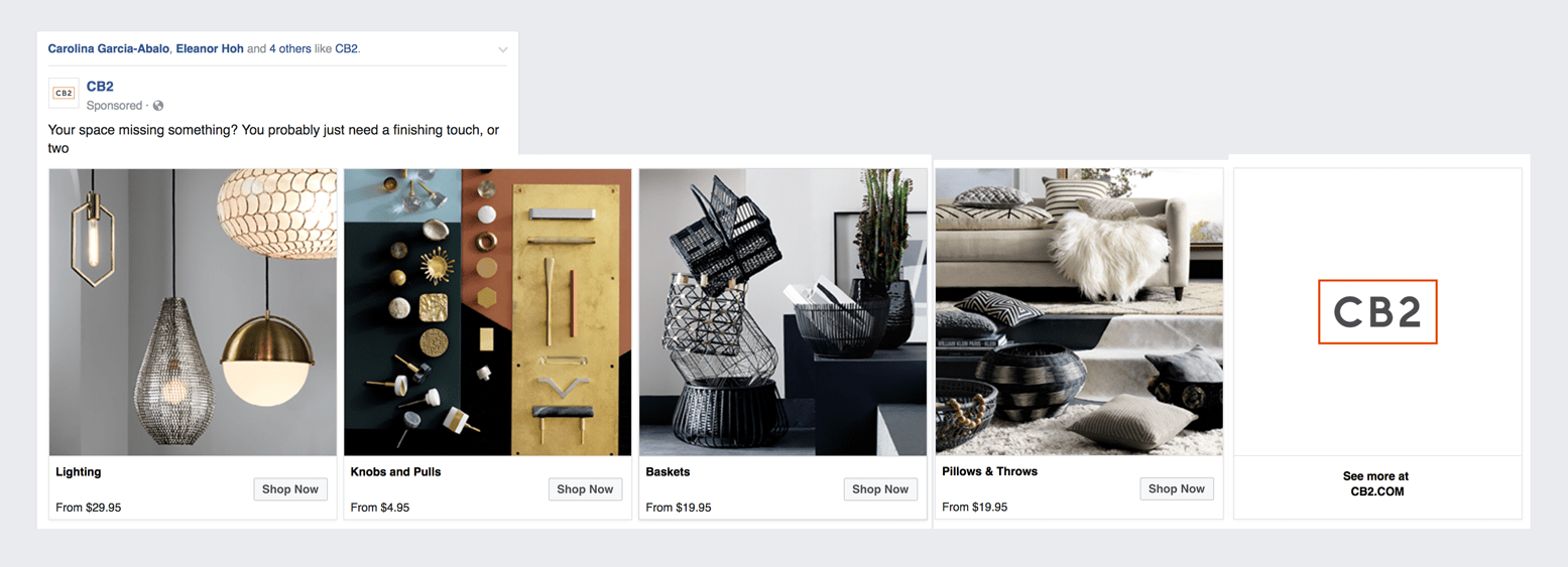 Facebook Ads CB2 Carrousel Example