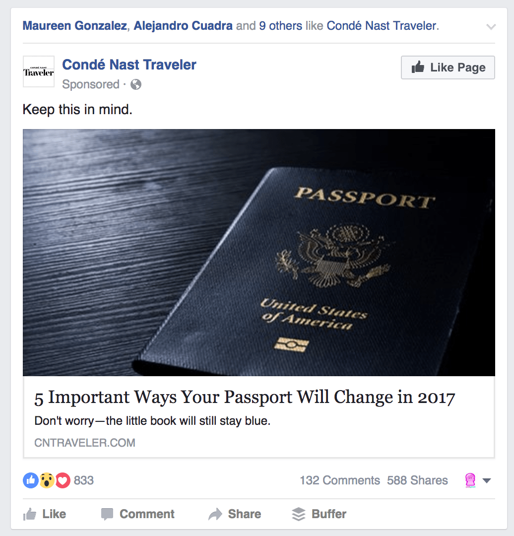 Facebook Ads Conde Nast Traveler Like Page Example