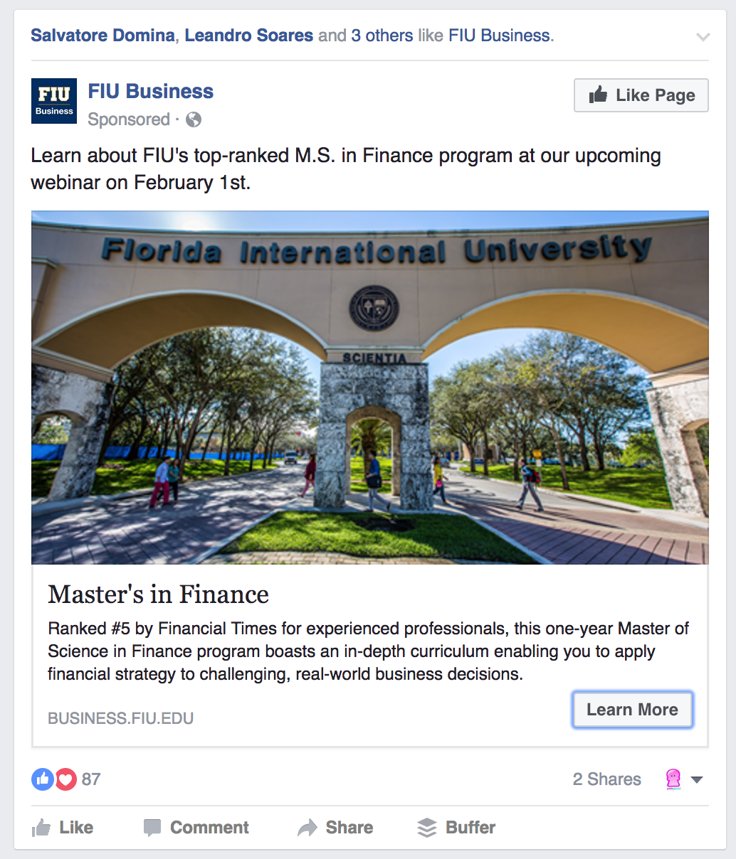 Facebook Ads FIU Learn More CTA Example