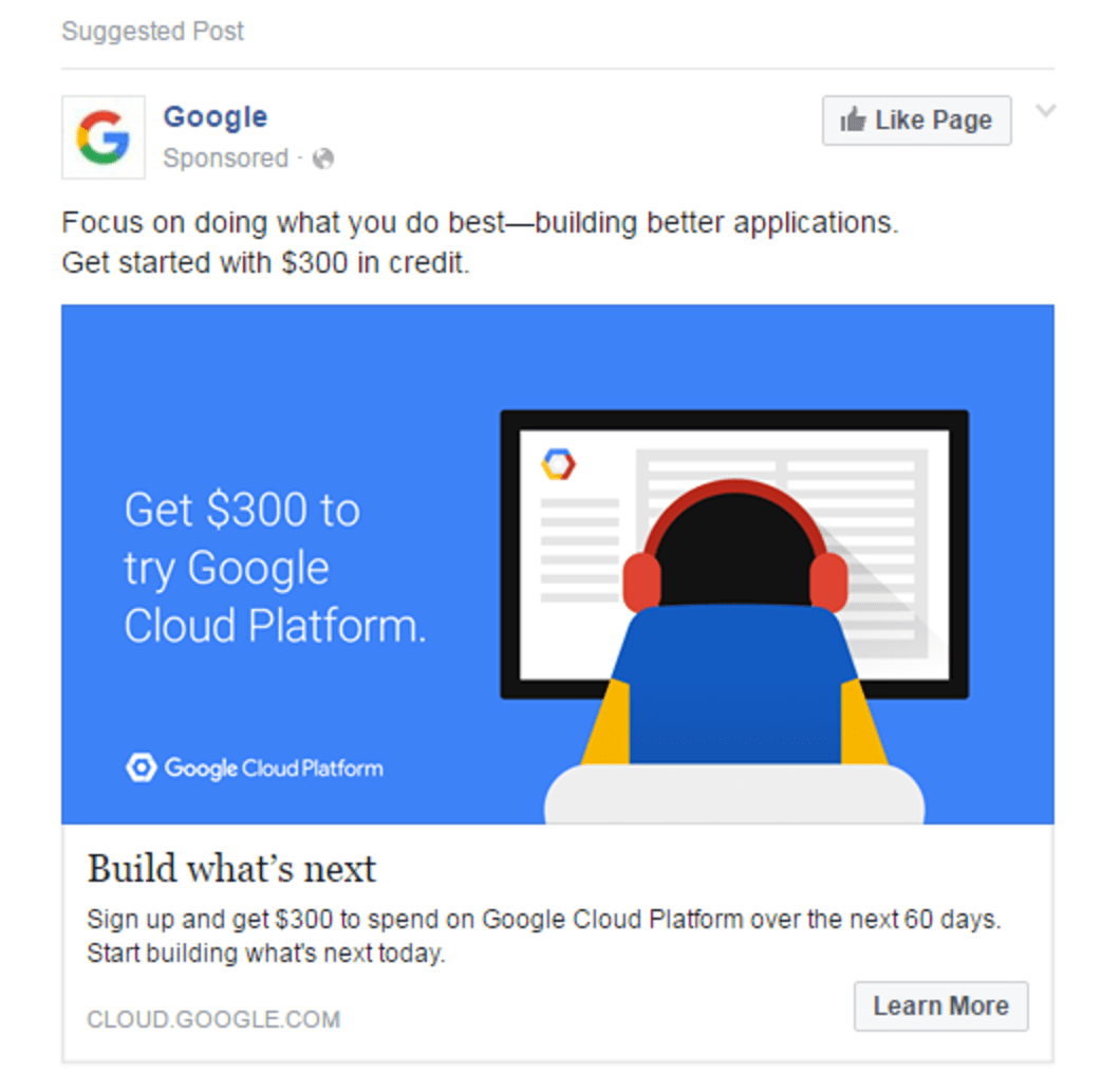 Facebook Ads Google Like Page Example