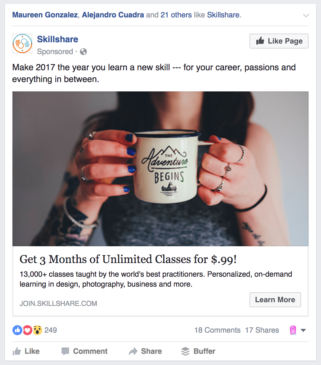 Facebook Ads Skillshare Learn More CTA Example