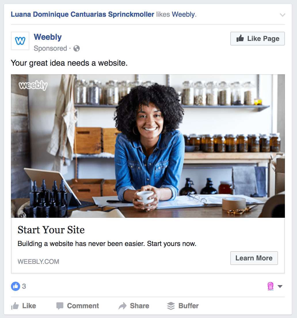Facebook Ads Weebly Learn More CTA Example