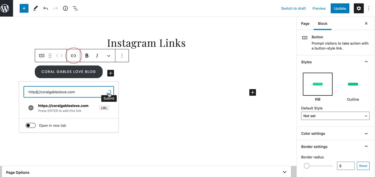 How to create a linktree with WordPress: add a link to a button