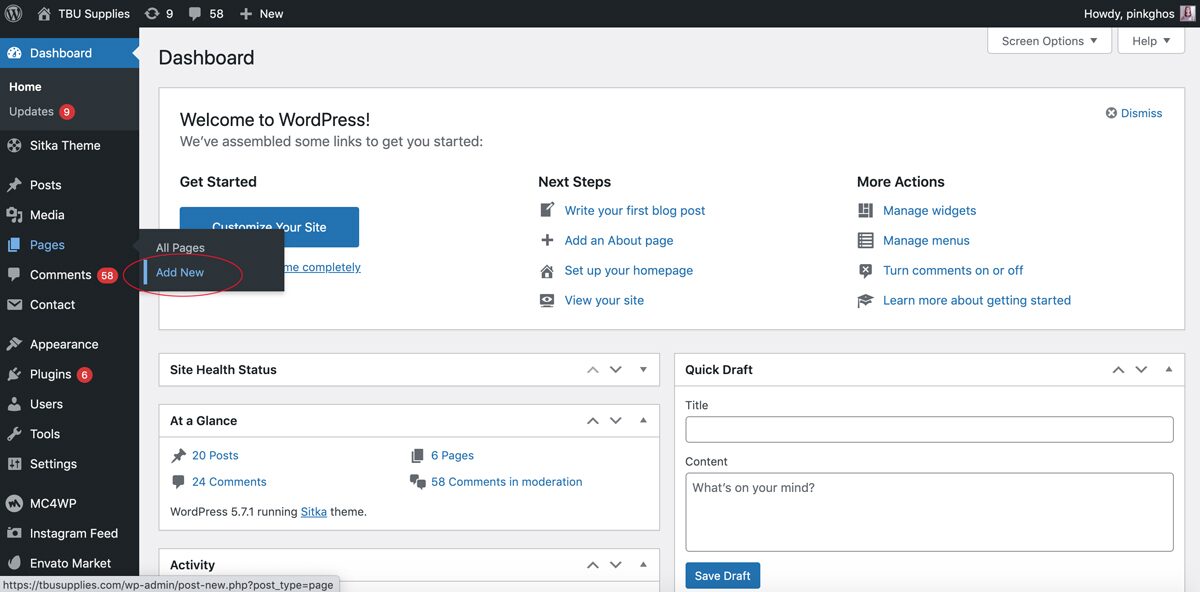 How to create a linktree with WordPress: add a new page to your blog