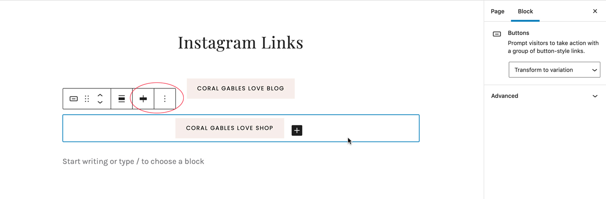 How to create a linktree with WordPress: block three dot menu options