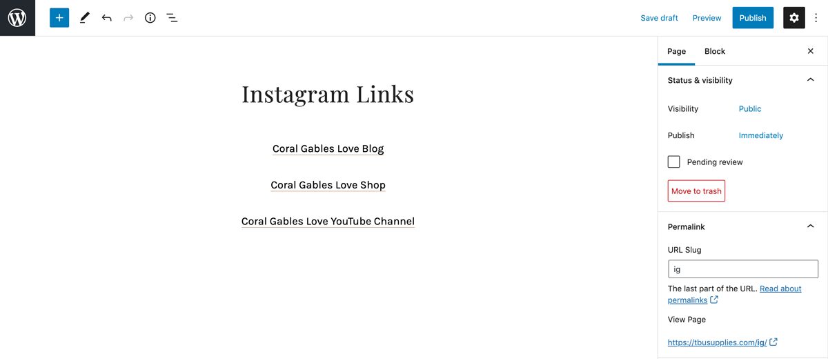 How to create a linktree with WordPress: text links instagram landing page